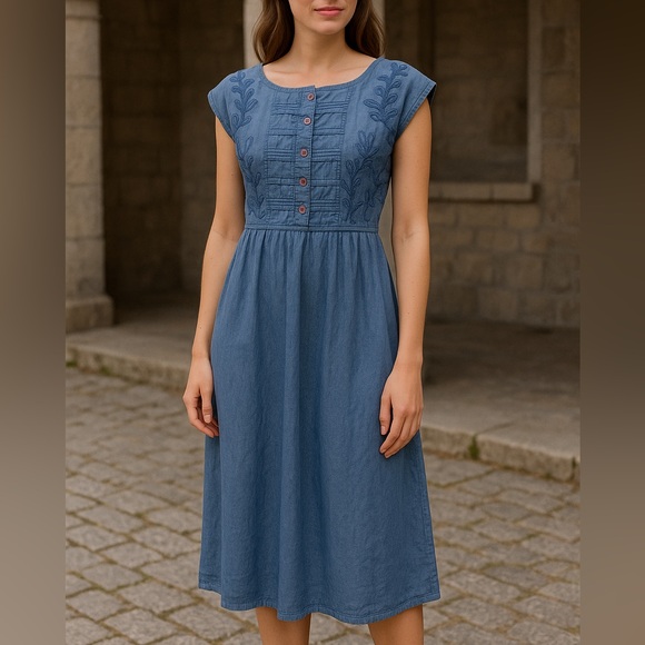 emanuel geraldo Dresses & Skirts - Vintage Emmanuel Geraldo Embroidered Blue Rayon Dress - Size L